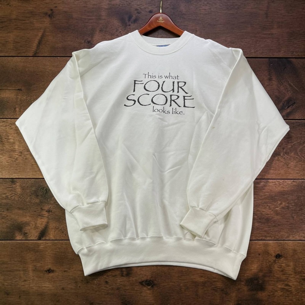 VTG Hanes Ultimate Cotton Four Score 80th Birthday Funny Sweatshirt White Mens L